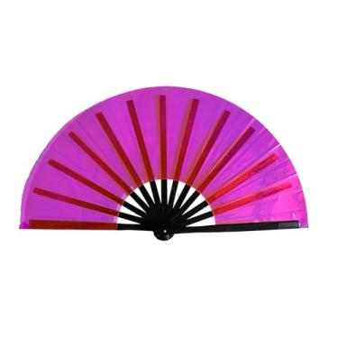 Imagem de Rodudu Ventilador de rave grande com brilho UV vermelho rosa, ventilador dobrável decorativo, clack de bambu com ventilador holográfico de cor brilhante para decoração de festa EDM festival