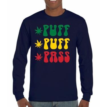 Imagem de Camiseta de manga comprida Puff Puff Pass 420 Weed Lover Pot Leaf Smoking Marijuana Legalize Cannabis Funny High Pothead, Azul marinho, XXG