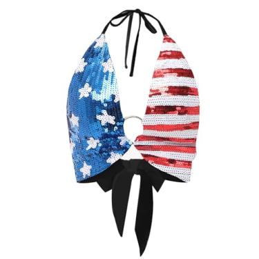Imagem de Anna-Kaci Camiseta feminina de lantejoulas com bandeira americana 4 de julho patriótica listras estrelas, Vermelho paetê, P