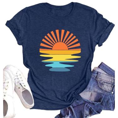 Imagem de Camiseta feminina de verão com estampa de coqueiro, manga curta, casual, viagem de férias, Pôr do sol - azul, G