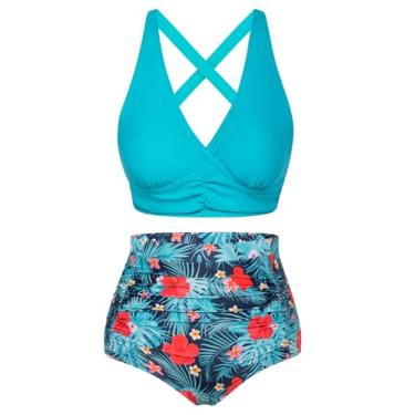 Imagem de Biquíni feminino plus size, frente única, decote em V, cintura alta, franzido, controle de barriga, Azul e vermelho floral, 28 Plus Size