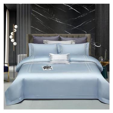 Imagem de Jogo de cama 100% algodão - 1200 fios, lençóis de cama de algodão egípcio luxuoso, macio, macio e refrescante, bolso profundo de 40,6 cm - 4 peças (azul queen)