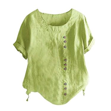 Imagem de Camisa feminina com botões de linho, tamanho grande, cor sólida, solta, manga curta, verão, casual, camisetas para sair, Verde menta, M