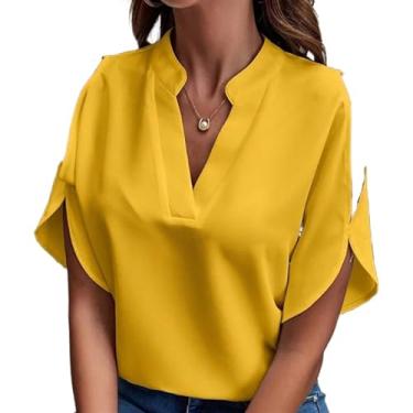 Imagem de ZZIDOU Camisa feminina de chiffon solta com ombros de fora, gola V, casual, solta, cor sólida, Amarelo, GG