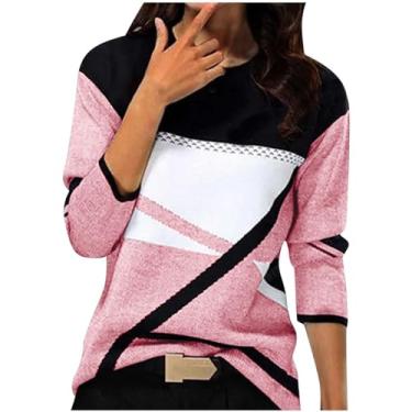 Imagem de Homisy Camisetas femininas modernas de manga comprida com patchwork color block top outono inverno blusas soltas e casuais, A#rosa, G