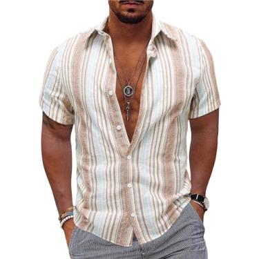 Imagem de Verdusa Camisetas masculinas casuais de manga curta com botões listradas de verão, Cáqui Branco, M