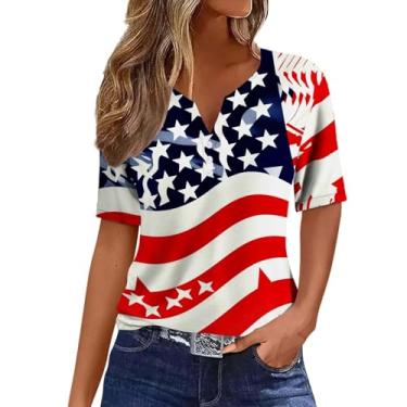 Imagem de Camiseta feminina patriótica de manga curta com bandeira americana 4th of July gola Henley Stars Stripes Túnica, Preto, G