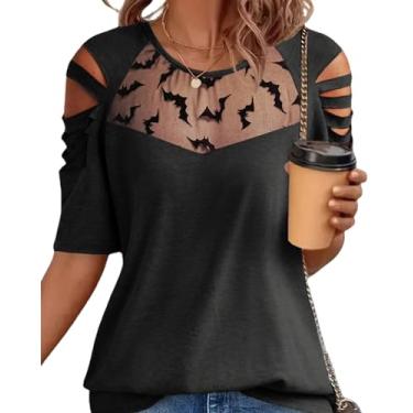 Imagem de Camiseta feminina com estampa de morcego, ombro vazado, patchwork, transparente, sexy, casual, gola redonda, Preto, P