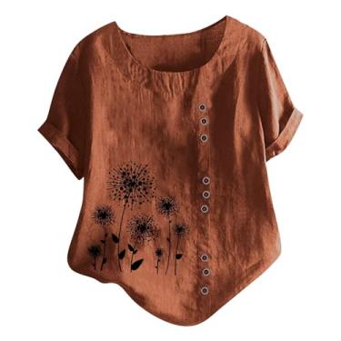 Imagem de Lainuyoah Camisetas femininas vintage estampadas de linho gola redonda boêmio estampado/bordado na moda blusas de manga enrolada, Marrom E, XXG