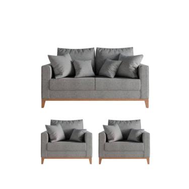 Imagem de Kit Sofá e 2 Poltronas Decorativa Beni 1,60cm Beni Base Madeira Linho Cinza - Montanaris Decor