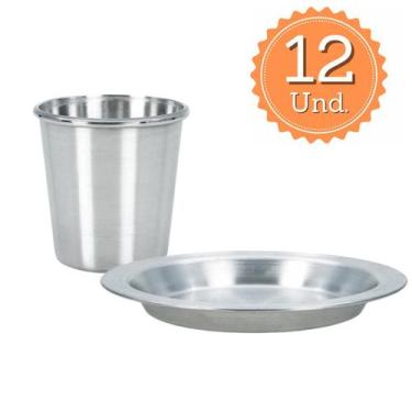 Imagem de Kit 12 Pratos e Copos de Alumínio Para Refeitório Merenda Escolar - Me