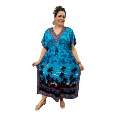 Imagem de Vestido Kaftan Indiano Longo Estampa Coqueiro Plus Size 0128 - Sarat M