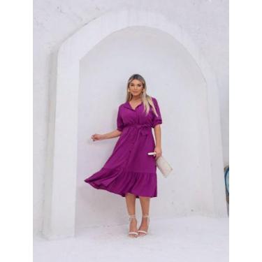 Imagem de Vestido midi com botões frontais, manga e faixa para amarrar na contur