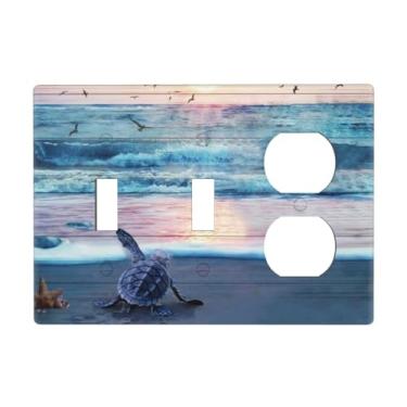 Imagem de Nautical Ocean Teal Blue Beach Wave Turtles Tartarugas 3 Gang 2-Toggle 1-Duplex Receptáculo Interruptor de Luz Placas de Parede e Tampa de Tomada Costeira Estrela do Mar Triplo Dispositivo Combo Dois