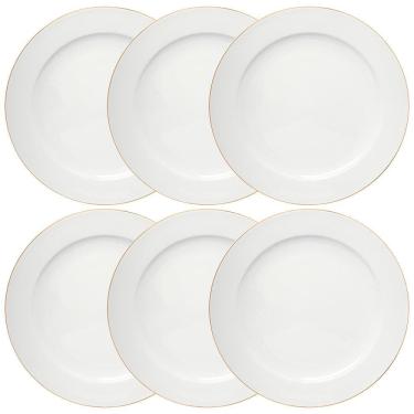 Imagem de Jogo de Pratos Rasos de Porcelana Branco Royal Fio de Ouro 27cm 6 peças - Hauskraft