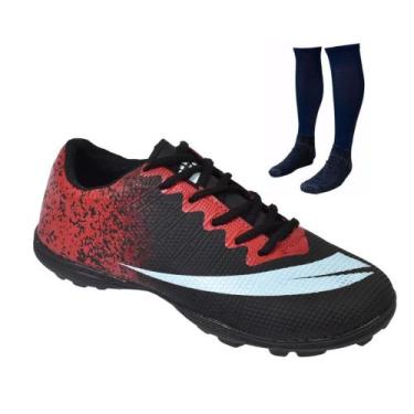 Imagem de Chuteira Society Adulto Infantil com MEIÂO - Perflex, Preto vermelho, 