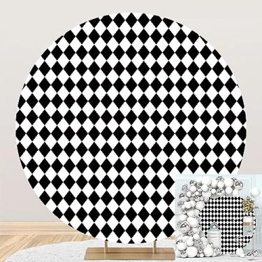 Imagem de DORCEV Capa de fundo redondo branco preto xadrez 2,2 x 2,2 m diamante corrida xadrez textura festa círculo pano de fundo grade tema tabuleiro de xadrez crianças festa de aniversário cosplay material