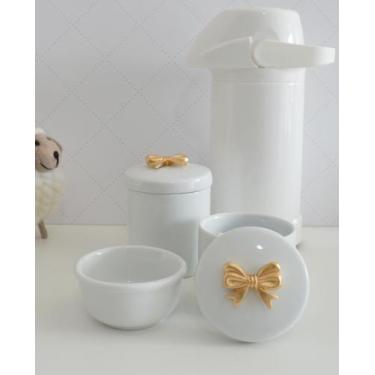Imagem de kit Higiene Bebê Potes K022 Cotonete  Dourado Algodão Limpeza Porcelan