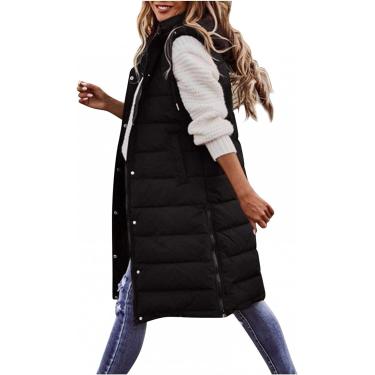 Imagem de Colete longo feminino sem mangas leve puffer jacet pacable casaco com capuz acolchoado com capuz inverno, preto, 5XL