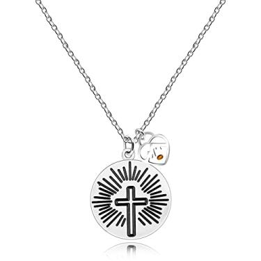 Imagem de Uloveido Colar com cruz de raio de sol de aço inoxidável, pingente de semente de mostarda verdadeira, joia cristã inspiradora presente, Metal, resina
