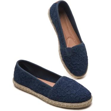 Imagem de BABUDOG Sapatilhas femininas pretas com bordado de flores, sapatilhas de balé de renda branca, sapatilha social confortável, Azul marinho, 39