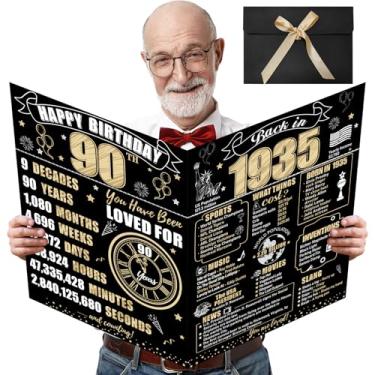 Imagem de Turypaty Cartão grande de aniversário de 90 anos com envelope para homens e mulheres, 1935 ouro preto feliz 90º aniversário presente de livro de assinatura de convidado gigante, grande vintage 1935