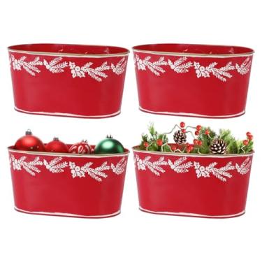 Imagem de Putuo Decor Conjunto de 4 baldes de gelo de metal oval para decoração de natal, baldes de lata galvanizada vermelha, decorações de natal, armazenamento de banheiras de bebidas para festa, pe