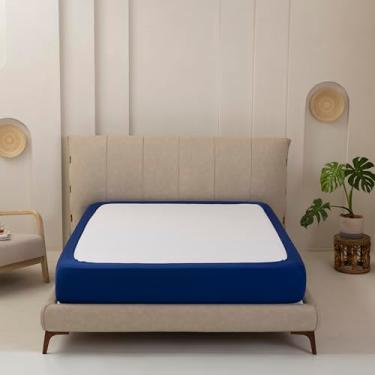 Imagem de TSUTOMI Capa Elástica de Molas Box Tamanho Queen- Malha Jersey e Saia Elástica Envolvente Em 4 Lados para Cama para Hotel e Casa, Resistente A Vincos e Desbotamento, Serve para Cam(Rainha, Azul Denim)