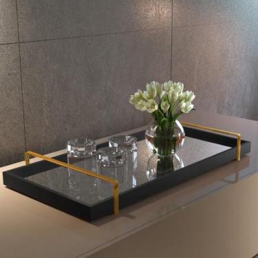 Imagem de Bandeja Decorativa Espelhada Alça Dourada - Larflex, Laca Preto