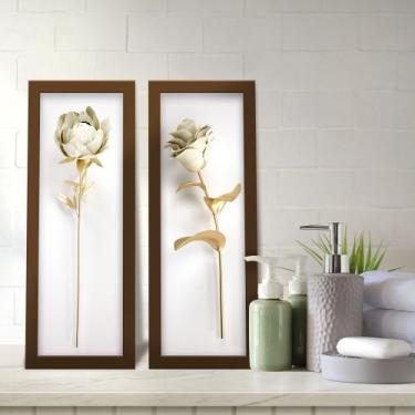 Imagem de Kit 2 Quadros Decorativos Lavabo Rosa Peônia Efeito 3D Branco Dourado 