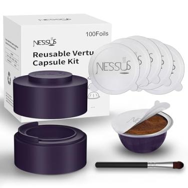 Imagem de Nessus Kit de cápsulas Vertuo reutilizável, [ALSeal EZ FIT] para cápsulas recarregáveis com 100 peças de tampas de vedação de folha de alumínio, suporte, escova, para recarga Vertuo Pods reutilizáveis