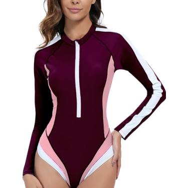 Imagem de Panegy Maiô feminino de manga comprida com zíper, peça única, proteção solar, surfe, rashguard, Roxo, rosa, P