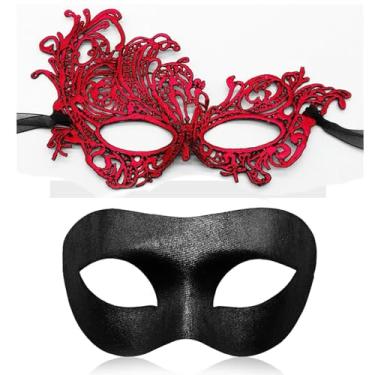 Imagem de Aqearl Couple Masquerade Mask for Women Men Venetian Mask Halloween Mask for Party Prom Ball Costume Lace Masks (Red Set)