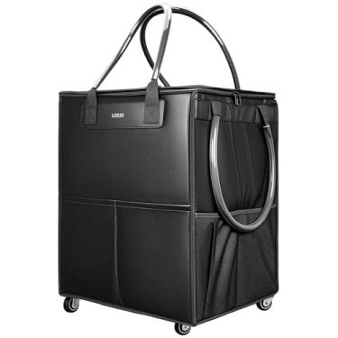 Imagem de LOEUO Bolsa de compras grande reutilizável com rodas, sacola dobrável com rolo removível, bolsa de compras à prova d'água com rodas para mulheres e família