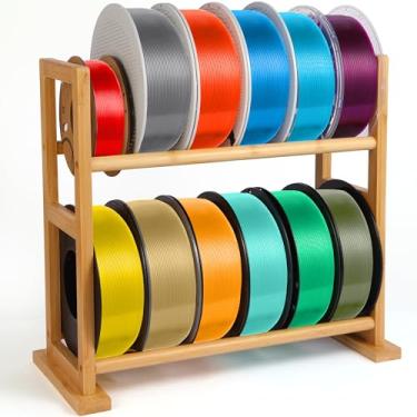 Imagem de ONEMACC Rack de armazenamento de filamento de impressora 3D, suporte de carretel de filamento de madeira maciça 3D, organizador de prateleira de madeira de 2 camadas para PLA/ABS/TPU, nylon - ideal