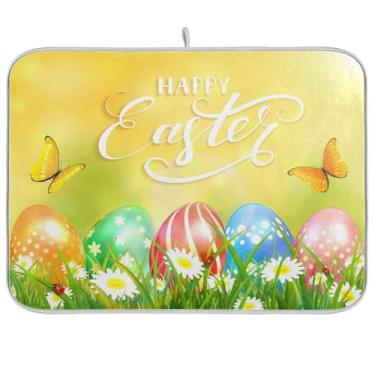 Imagem de Tapete de secagem de pratos de borboletas de ovos de páscoa da primavera, 45,7 x 61 cm, absorvente amarelo, escorredor de pratos, protetor para cozinha, secagem rápida