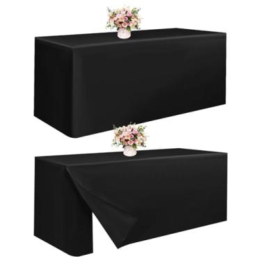 Imagem de Capas de mesa pretas ajustadas para mesas de 1,8 m, pacote com 2 toalhas de mesa dobráveis de 1,8 m para mesa dobrável, festas, jantares de férias, feiras comerciais, feiras de artesanato (182 x 76