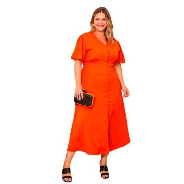 Imagem de Vestido midi plus size feminino botões liso com fenda frontal com forr