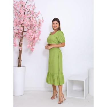 Imagem de Conjunto Feminino Linho Premium Saia Midi e Blusa Manga Bufante Fashio