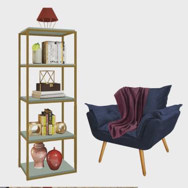 Imagem de Kit Poltrona Fatte com Manta Soft Bordô e Estante Livreiro Ferro Dourado mdf Verde Oliva Suede Azul Marinho - Ahazzo Móveis