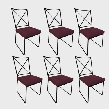 Imagem de Kit 06 Cadeiras Sala de Jantar Escritório Office Clark Industrial Ferro Preto Suede Bordô - Ahz Móveis