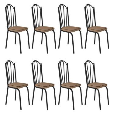 Imagem de Kit 8 Cadeiras De Cozinha Alabama Estampado Rattan Bege Pés De Ferro Preto