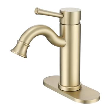 Imagem de Bropury Torneira de pia de banheiro de água misturada quente e fria, torneira de aço inoxidável de 1 ou 3 furos para pia de banheiro (contemporânea, ouro escovado)