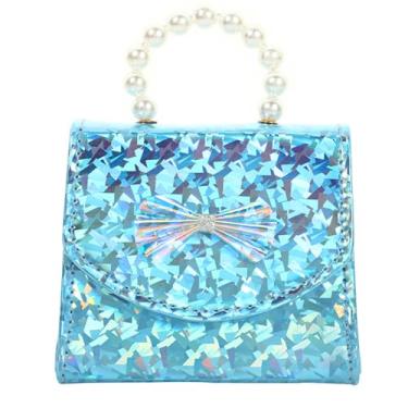 Imagem de JUCHAO Mini bolsa infantil elegante para meninas, brilhante, com alça de pérola, linda bolsa de ombro para crianças, Azul