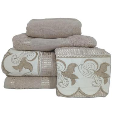 Imagem de Jogo Toalha Banho Gigante Luxo Nobre 5 Pçs Bordadas Cáqui - Thais Enxo