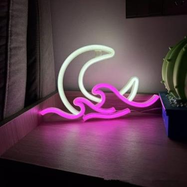 Imagem de Sinal de néon de onda da lua, nascer do sol, pôr do sol, luz de néon, lua sobre o mar, luz de néon, lâmpada noturna LED alimentada por USB, luz neon (rosa)