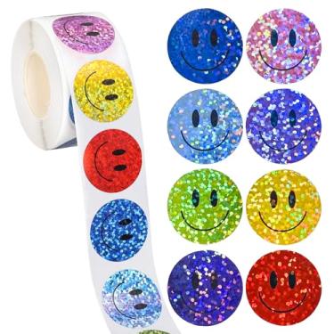 Imagem de Whaline Adesivos de rosto sorridente rolo colorido a laser adesivos motivacionais à prova d'água adesivos autoadesivos para aniversário de volta às aulas, recompensa de professor, 500 peças