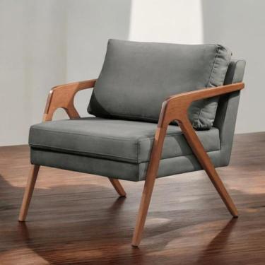 Imagem de Poltrona Mona Linho Cinza Sofisticado Sala Pé Madeira Maciça - Rodrigu