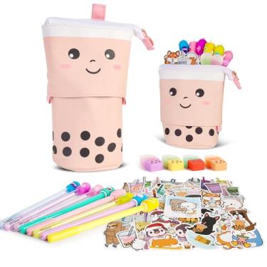 Imagem de O conjunto de papelaria Kawaii vem com 1 estojo de lápis Pop Up Boba, 1 borracha Boba Kawaii, 8 canetas Kawaii, 50 peças de adesivos sortidos de chá bolha e 1 caneta de várias cores Kawaii em um – bonito papelaria Kawaii