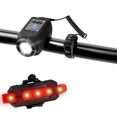 Imagem de Abnaok Luz de bicicleta com buzina, conjunto de luz de bicicleta recarregável por USB de 120 dB, farol dianteiro e lanterna traseira potente, 4 modos de luz, 6 modos de som, fácil de instalar para